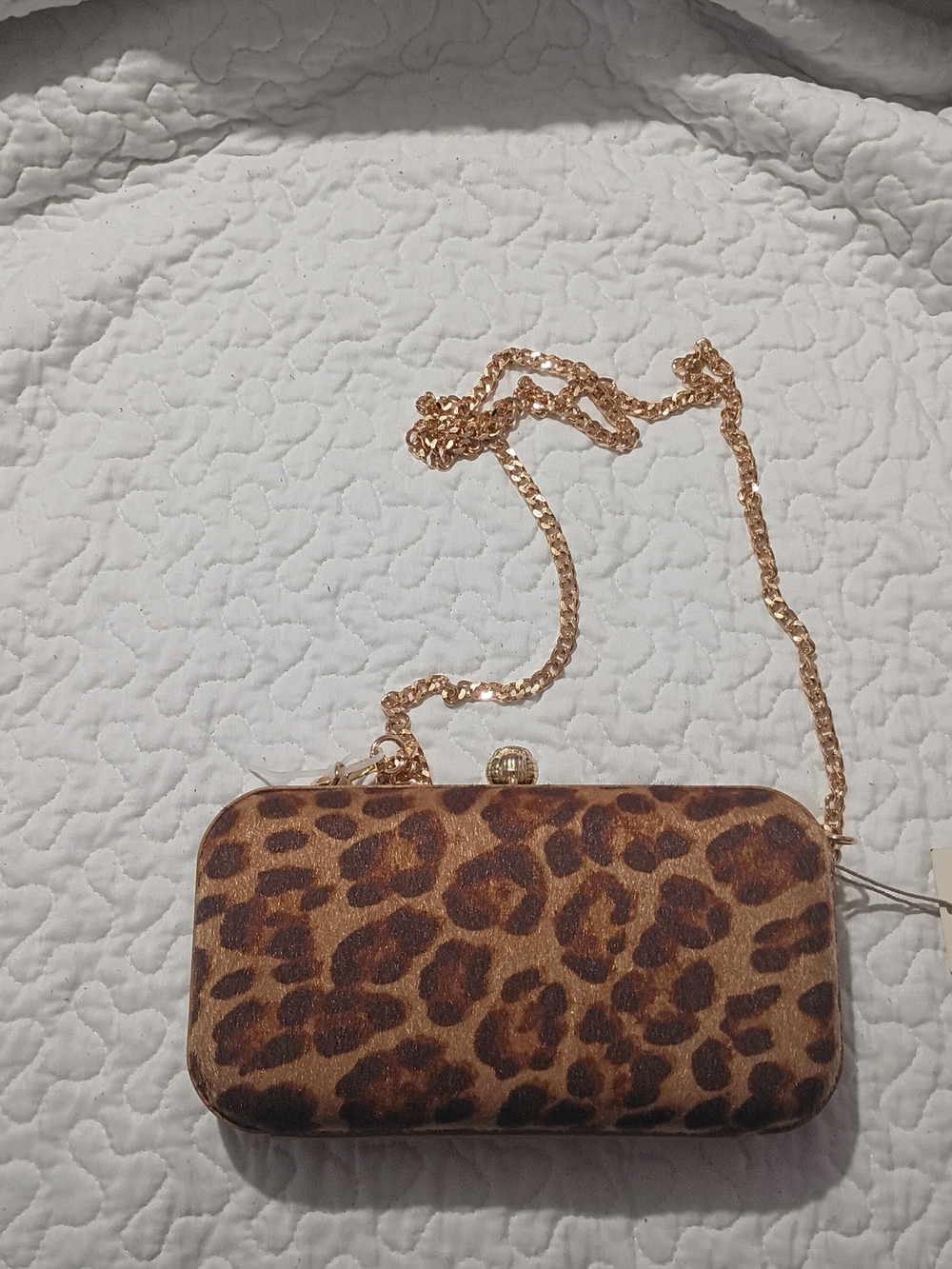 A New Day Leopard Print Box Clutch with Gold Chain Strap